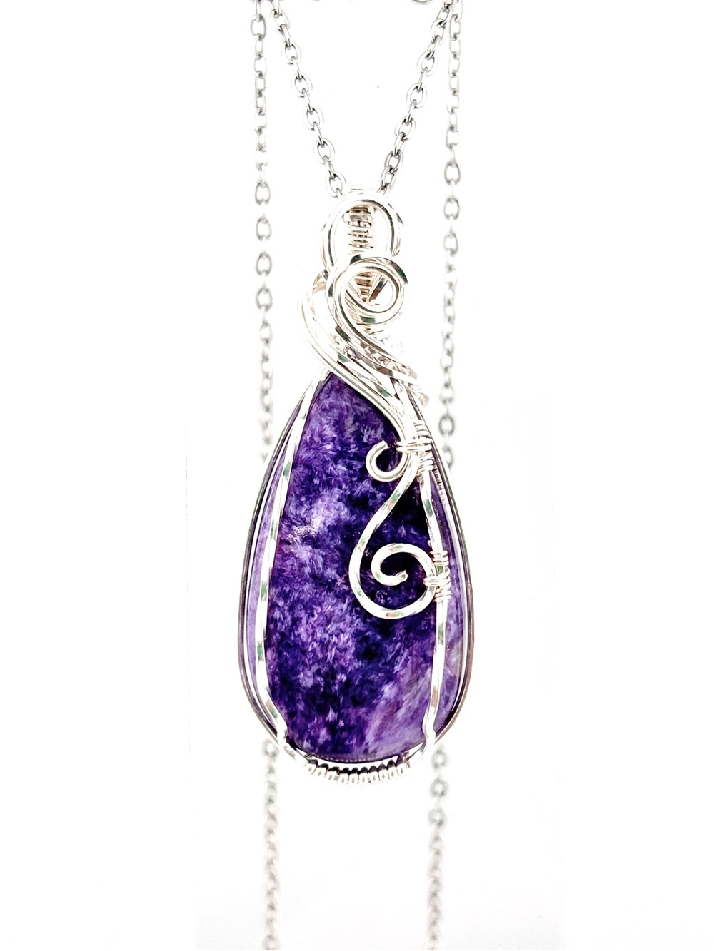 HANDMADE Charoite Silver-Filled Wire Wrapped Pendant Necklace, Jewelry Gift